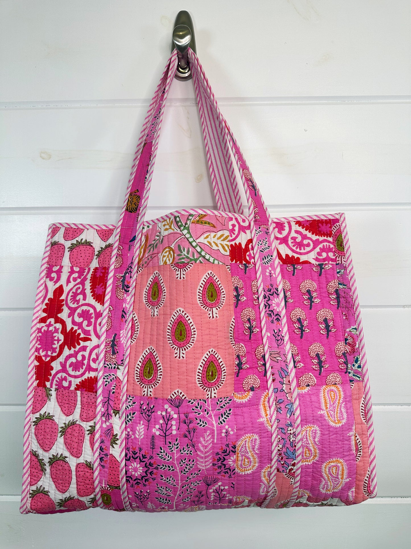 Pink Patchwork Cotton Quilted Large Shopping Tote Bag