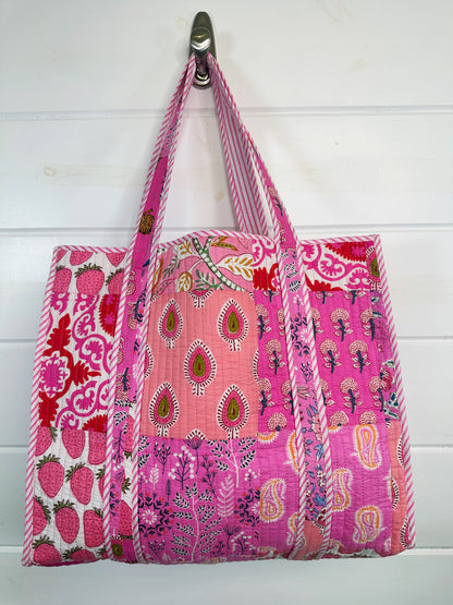 Pink Patchwork Cotton Quilted Large Shopping Tote Bag