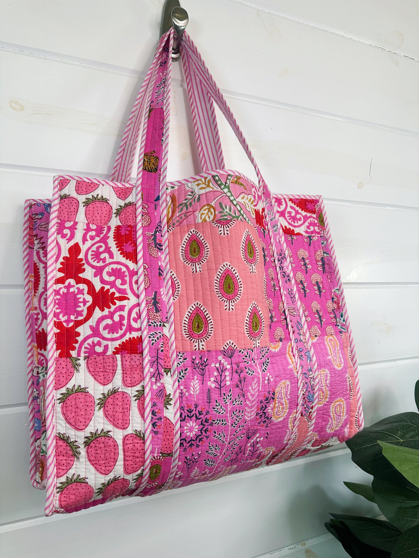 Pink Patchwork Cotton Quilted Large Shopping Tote Bag