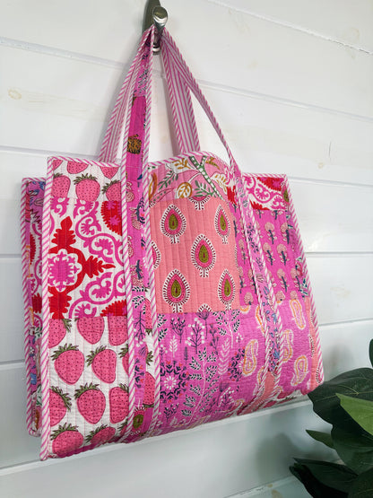 Pink Patchwork Cotton Quilted Large Shopping Tote Bag