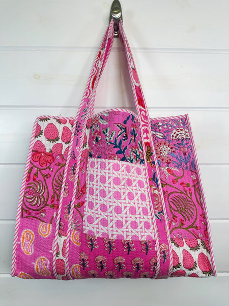 Pink Patchwork Cotton Quilted Large Shopping Tote Bag