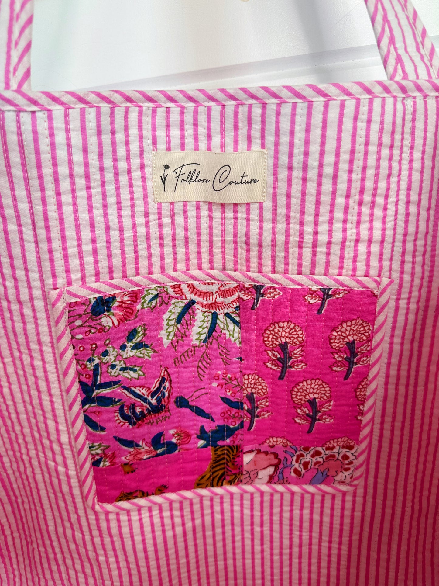 Pink Patchwork Cotton Quilted Large Shopping Tote Bag