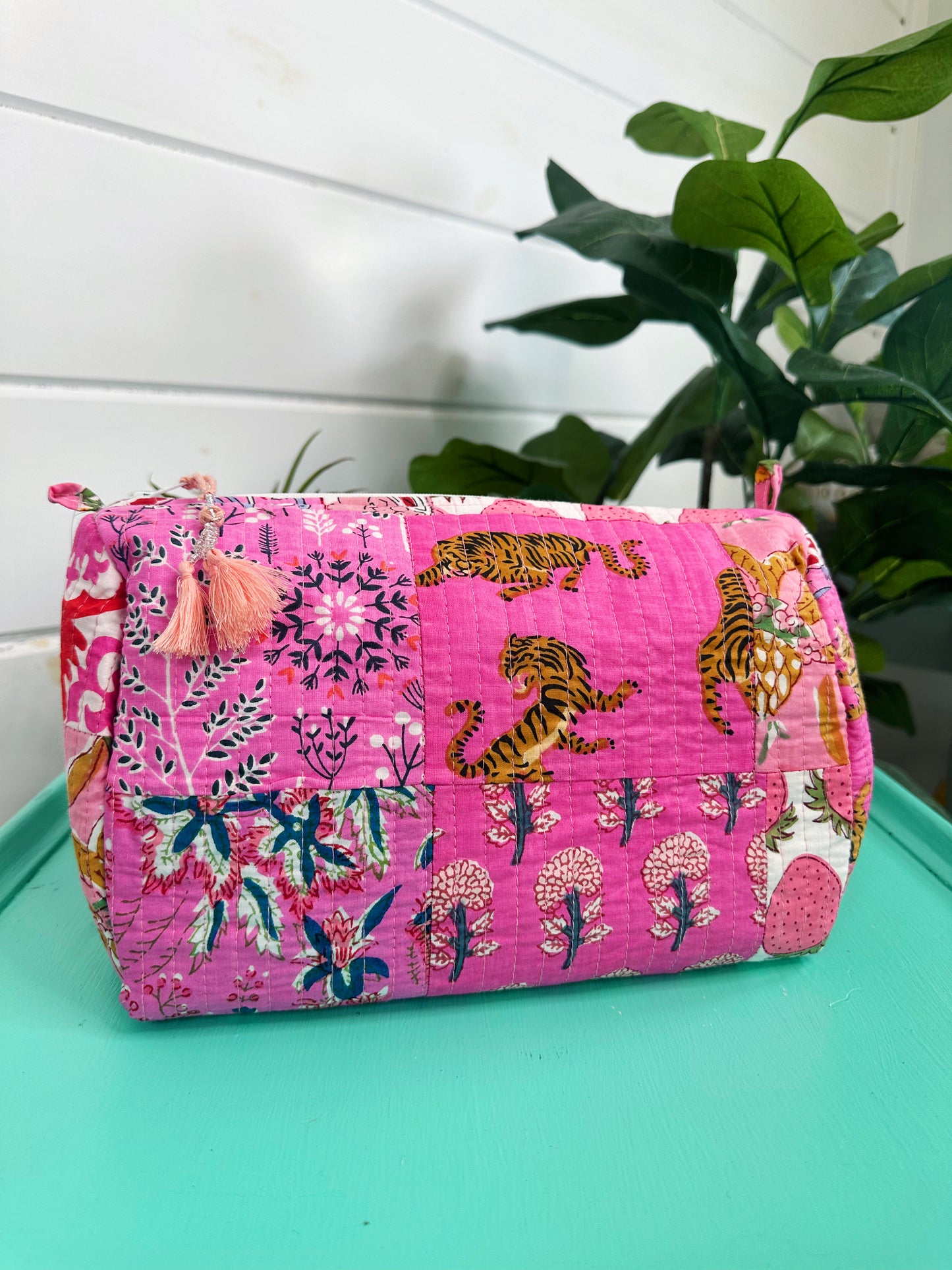 Pink Patchwork Quilted Makeup Travel Cosmetics Toiletry Bag