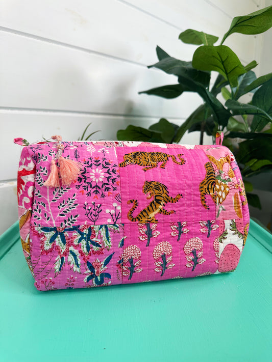 Pink Patchwork Quilted Makeup Travel Cosmetics Toiletry Bag