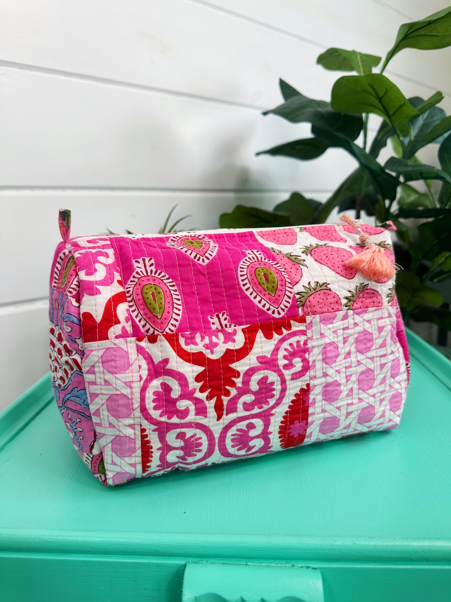 Pink Patchwork Quilted Makeup Travel Cosmetics Toiletry Bag