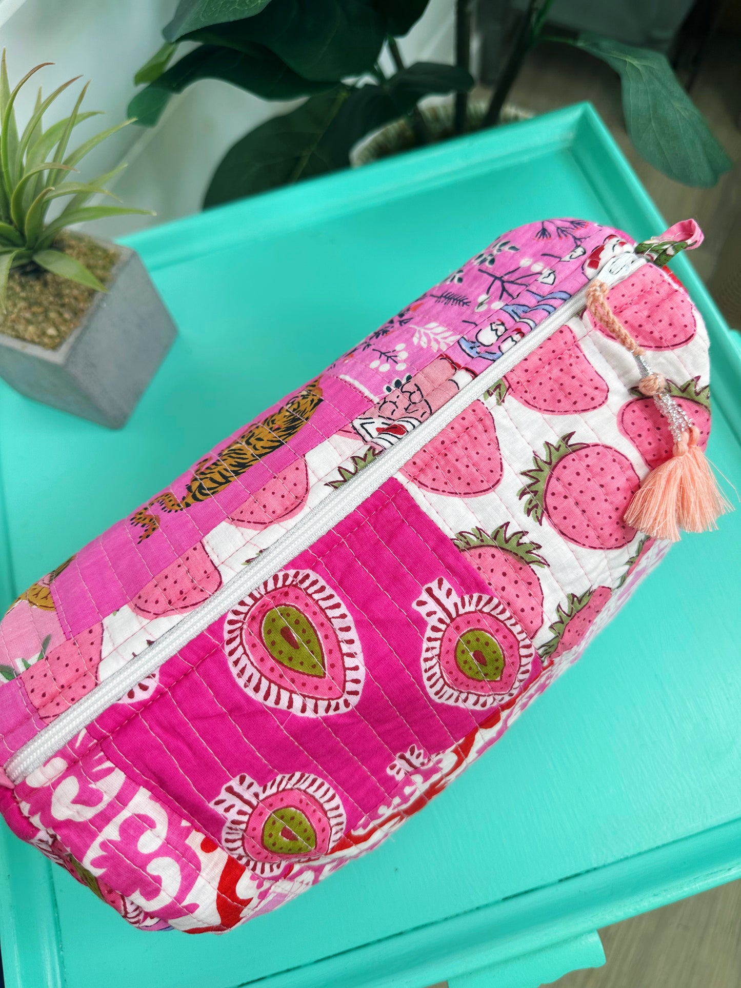 Pink Patchwork Quilted Makeup Travel Cosmetics Toiletry Bag