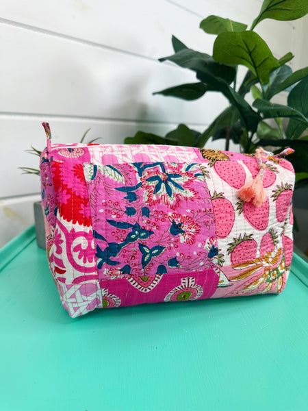 Pink Patchwork Quilted Makeup Travel Cosmetics Toiletry Bag