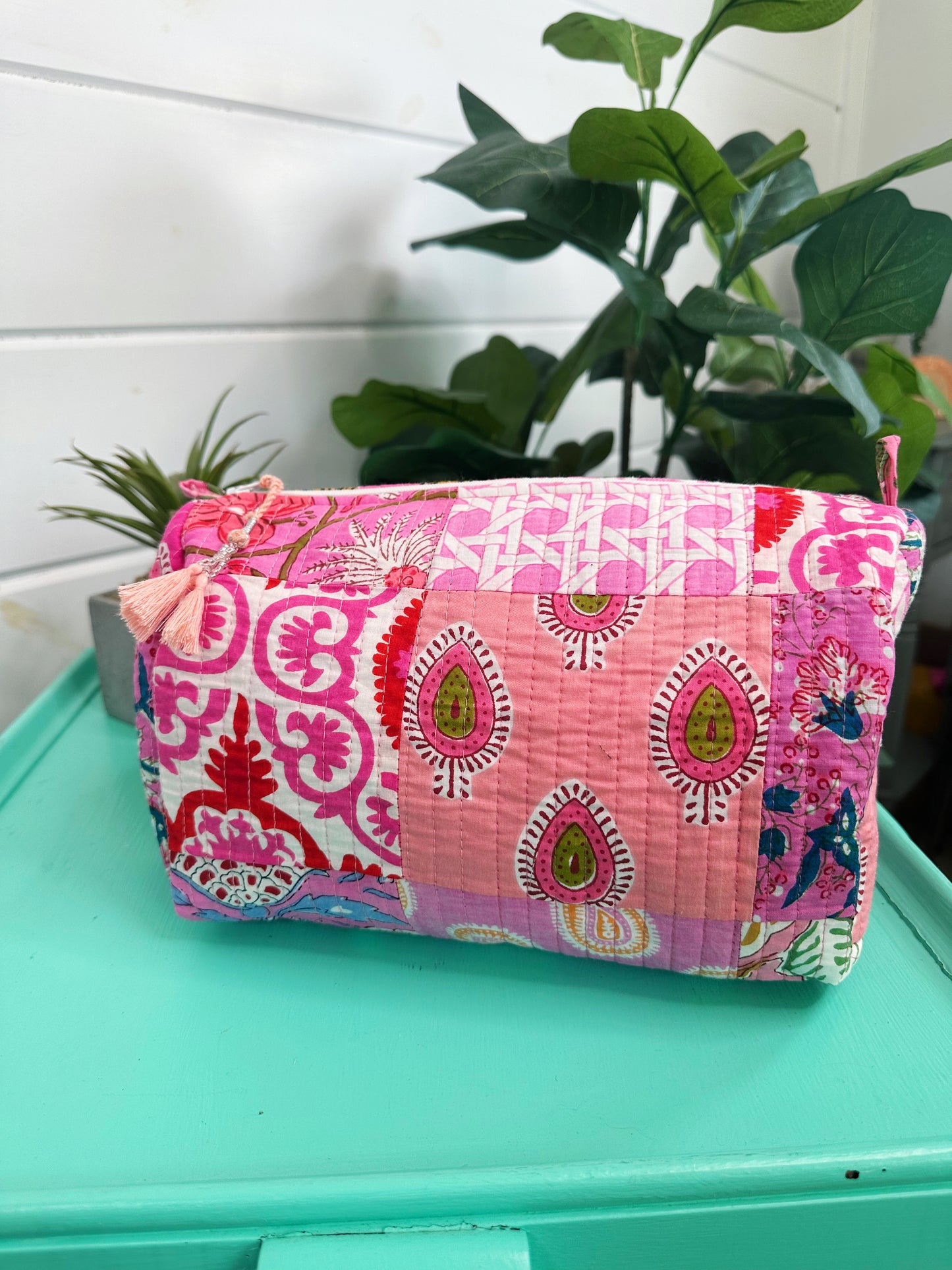 Pink Patchwork Quilted Makeup Travel Cosmetics Toiletry Bag