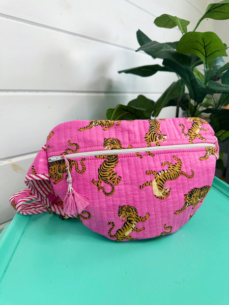Pink Tigers Quilted Belt Bag Crossbody Sling Fanny Pack