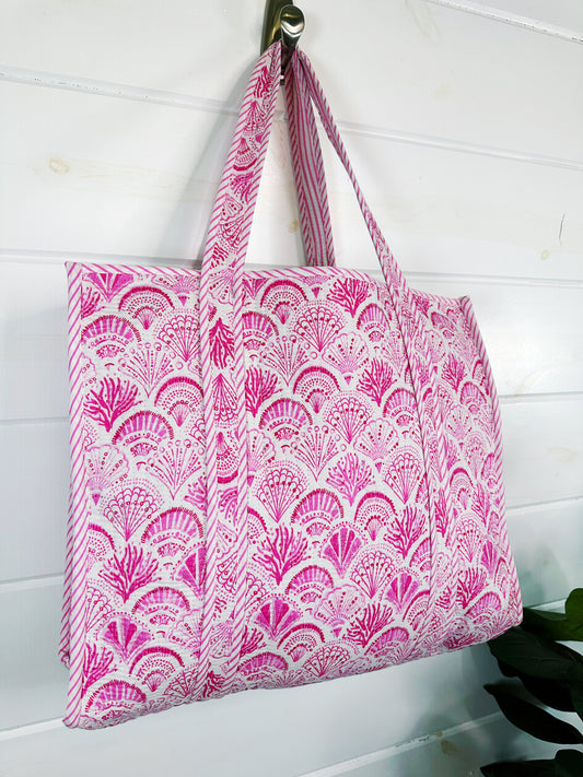 Pink Seashells Quilted Cotton Tote Bag