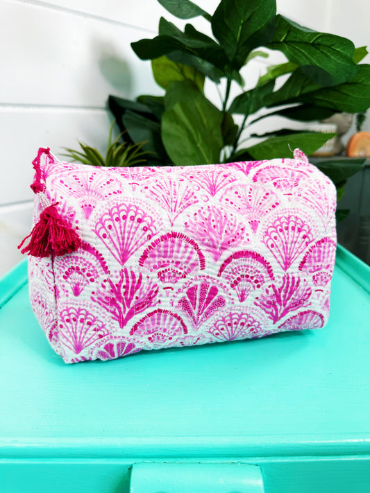 Pink Seashells Quilted Makeup Cosmetics Toiletry Bag