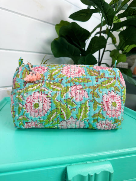 Aqua Floral with Green Leaves Quilted Makeup Cosmetics Toiletry Bag