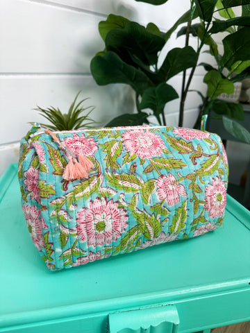 Aqua Floral with Green Leaves Quilted Makeup Cosmetics Toiletry Bag