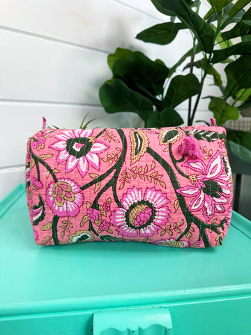 Pink Tan Floral Quilted Makeup Cosmetics Toiletry Bag
