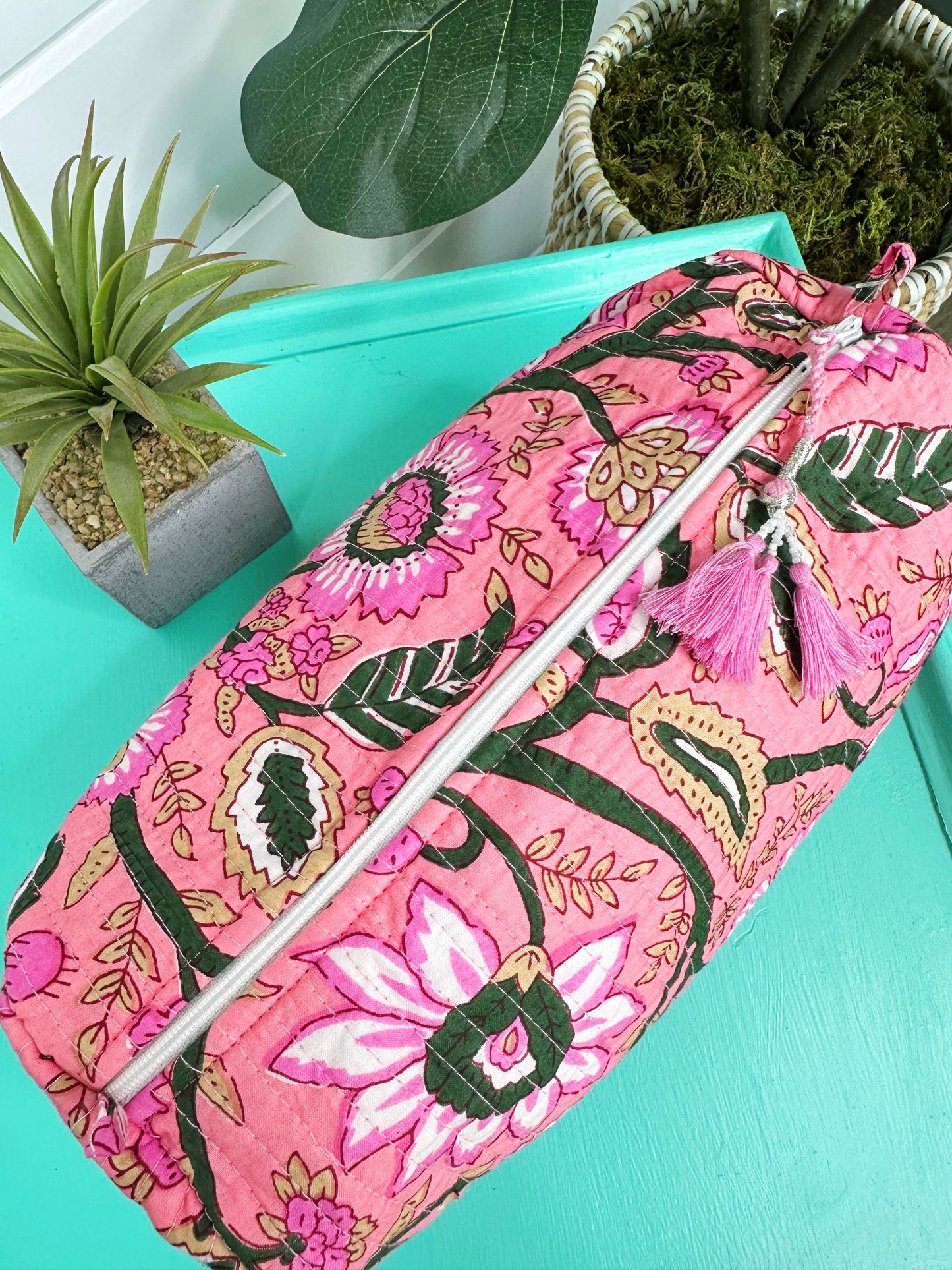 Pink Tan Floral Quilted Makeup Cosmetics Toiletry Bag