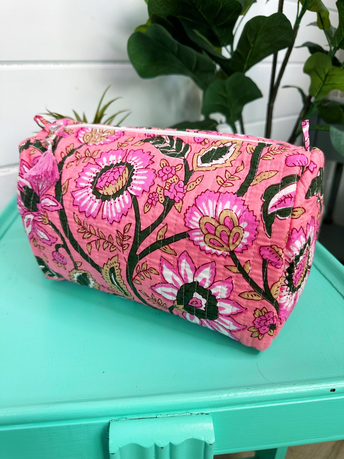 Pink Tan Floral Quilted Makeup Cosmetics Toiletry Bag