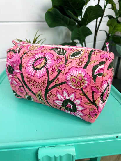 Pink Tan Floral Quilted Makeup Cosmetics Toiletry Bag