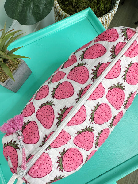 Strawberry Print Quilted Makeup Cosmetics Toiletry Bag