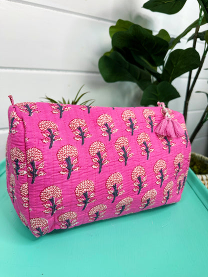 Pink Small Floral Quilted Makeup Cosmetics Toiletry Bag