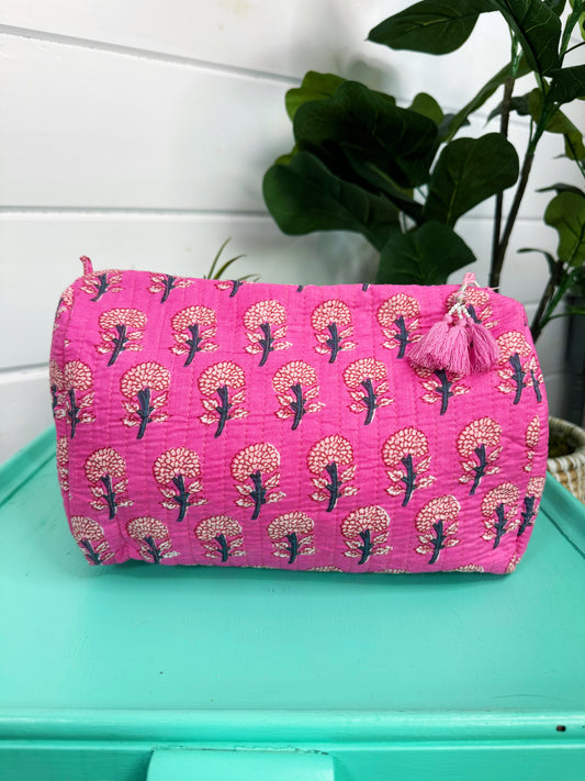 Pink Small Floral Quilted Makeup Cosmetics Toiletry Bag