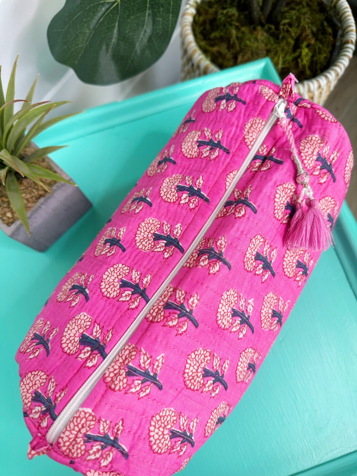 Pink Small Floral Quilted Makeup Cosmetics Toiletry Bag
