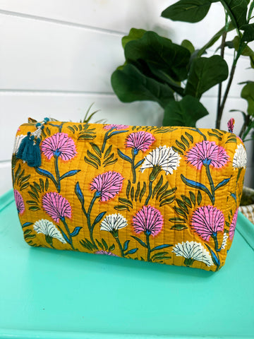 Marigold Floral Quilted Makeup Cosmetics Toiletry Bag