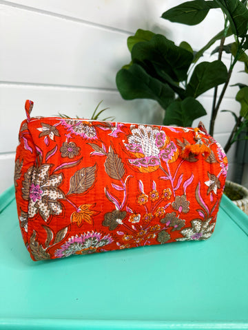 Orange Floral Quilted Makeup Cosmetics Toiletry Bag