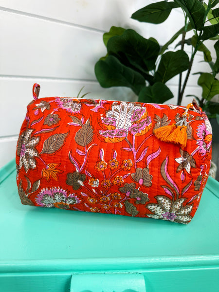 Orange Floral Quilted Makeup Cosmetics Toiletry Bag