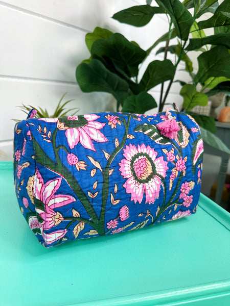 Royal Blue Floral Quilted Makeup Cosmetics Toiletry Bag