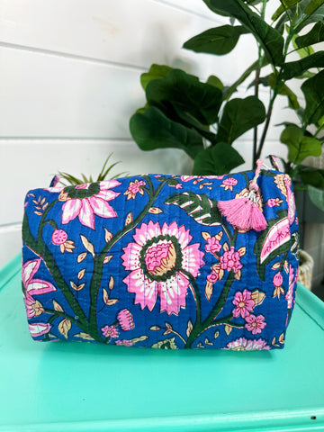 Royal Blue Floral Quilted Makeup Cosmetics Toiletry Bag