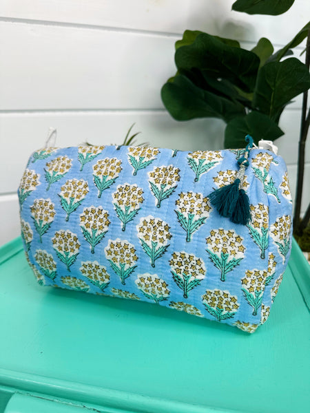 Powder Blue Quilted Makeup Cosmetics Toiletry Bag