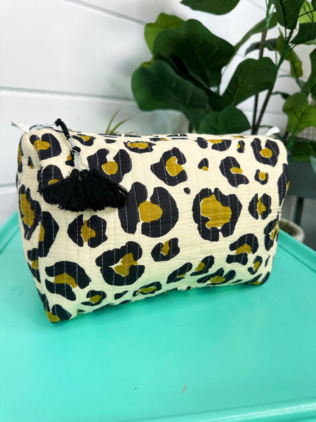 Tan Cheetah Print Quilted Makeup Cosmetics Toiletry Bag