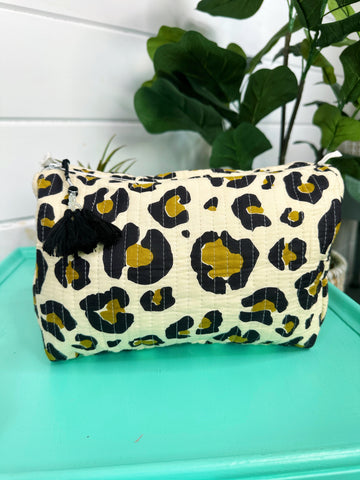 Tan Cheetah Print Quilted Makeup Cosmetics Toiletry Bag