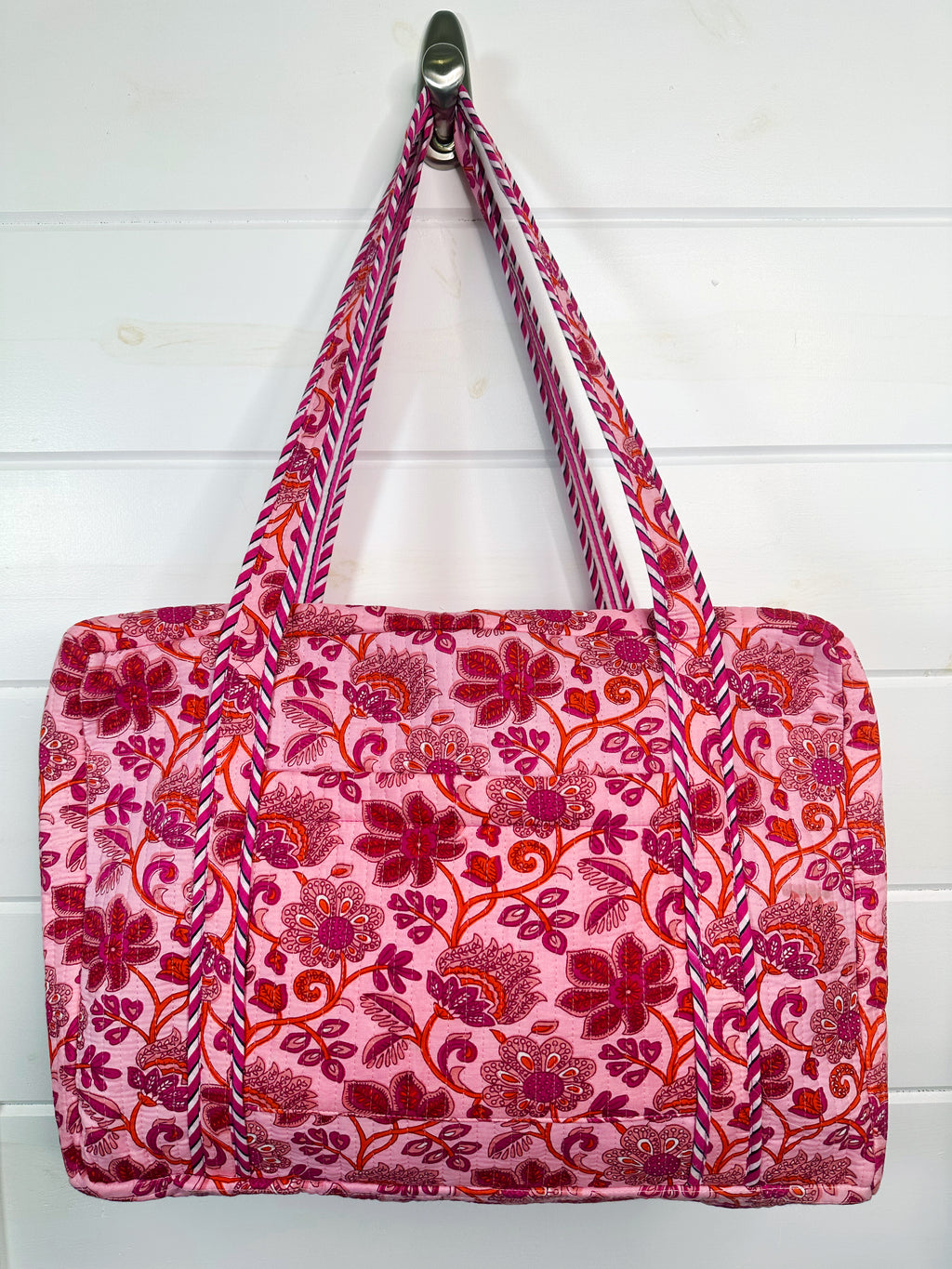 Pink and Orange Floral Quilted Weekender Overnight Bag