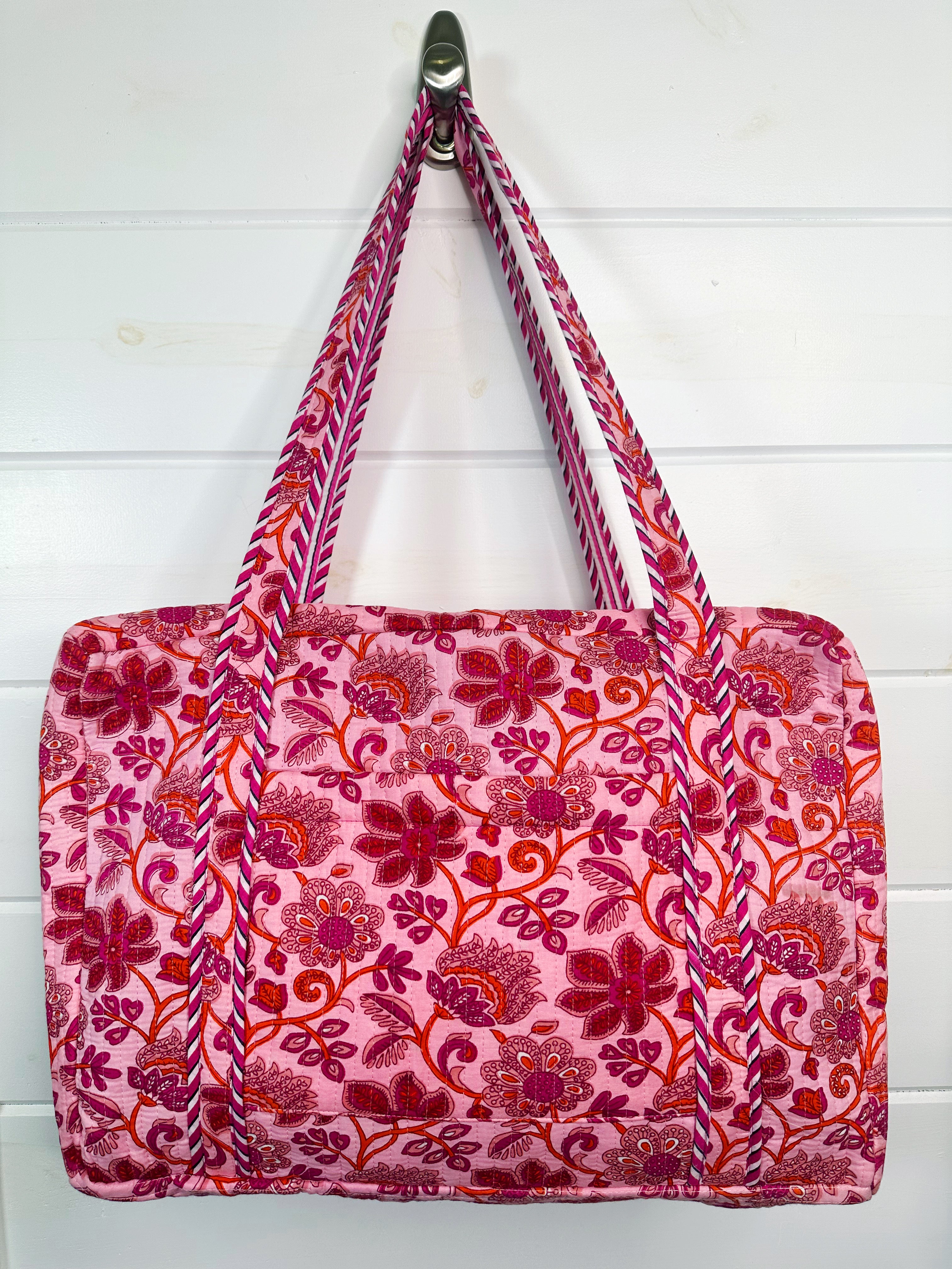 Pink and Orange Floral Quilted Weekender Overnight Bag