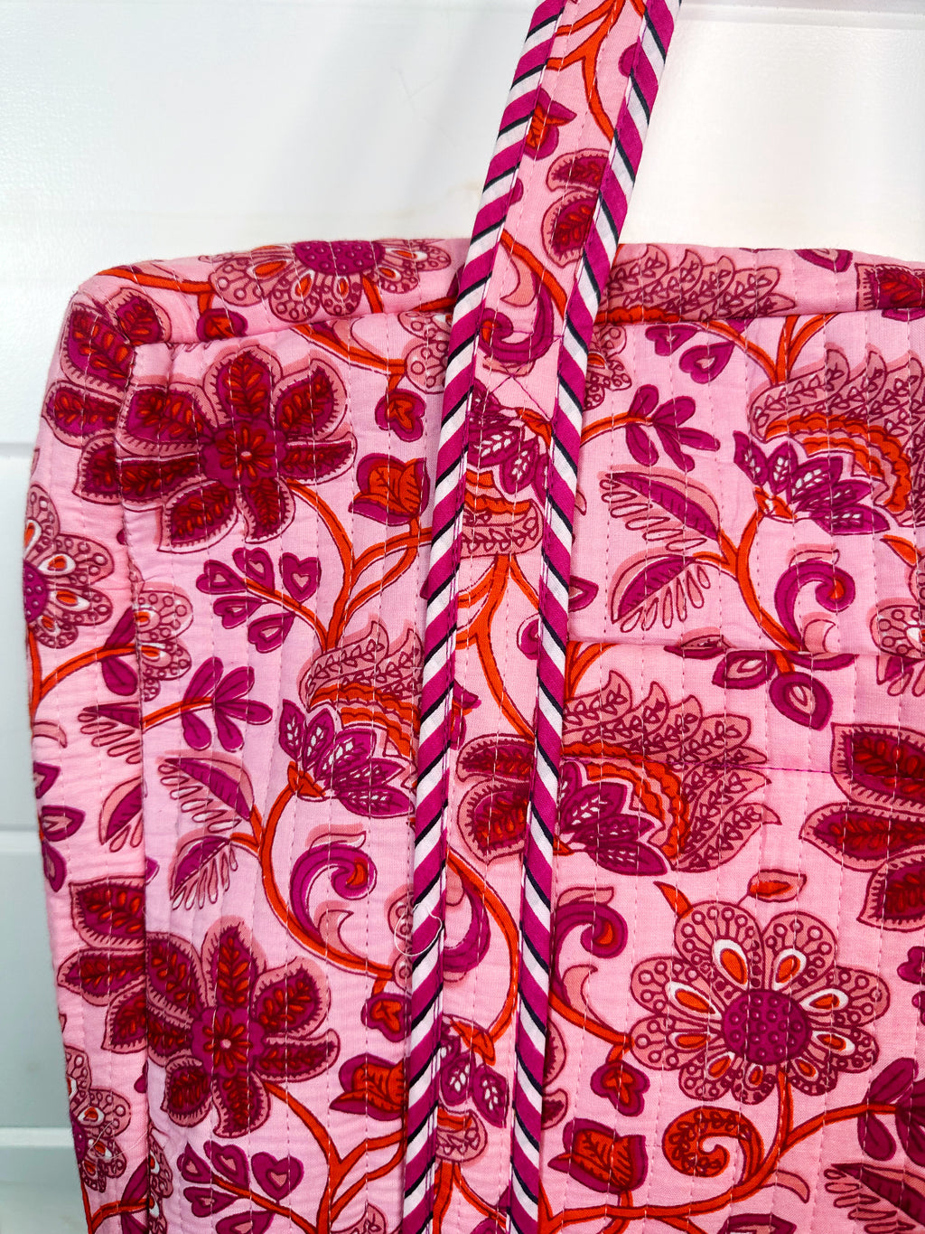 Pink and Orange Floral Quilted Weekender Overnight Bag