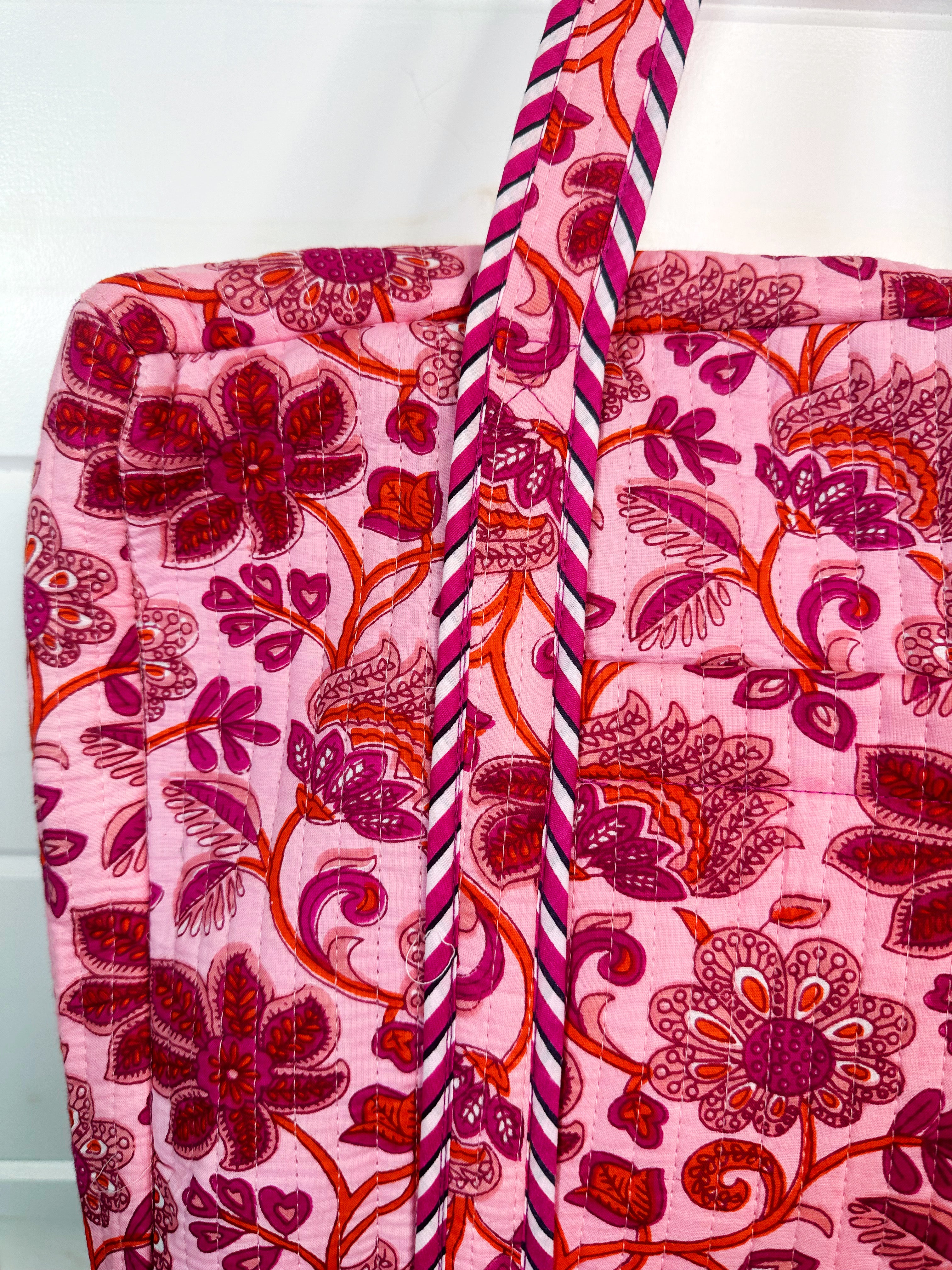 Pink and Orange Floral Quilted Weekender Overnight Bag