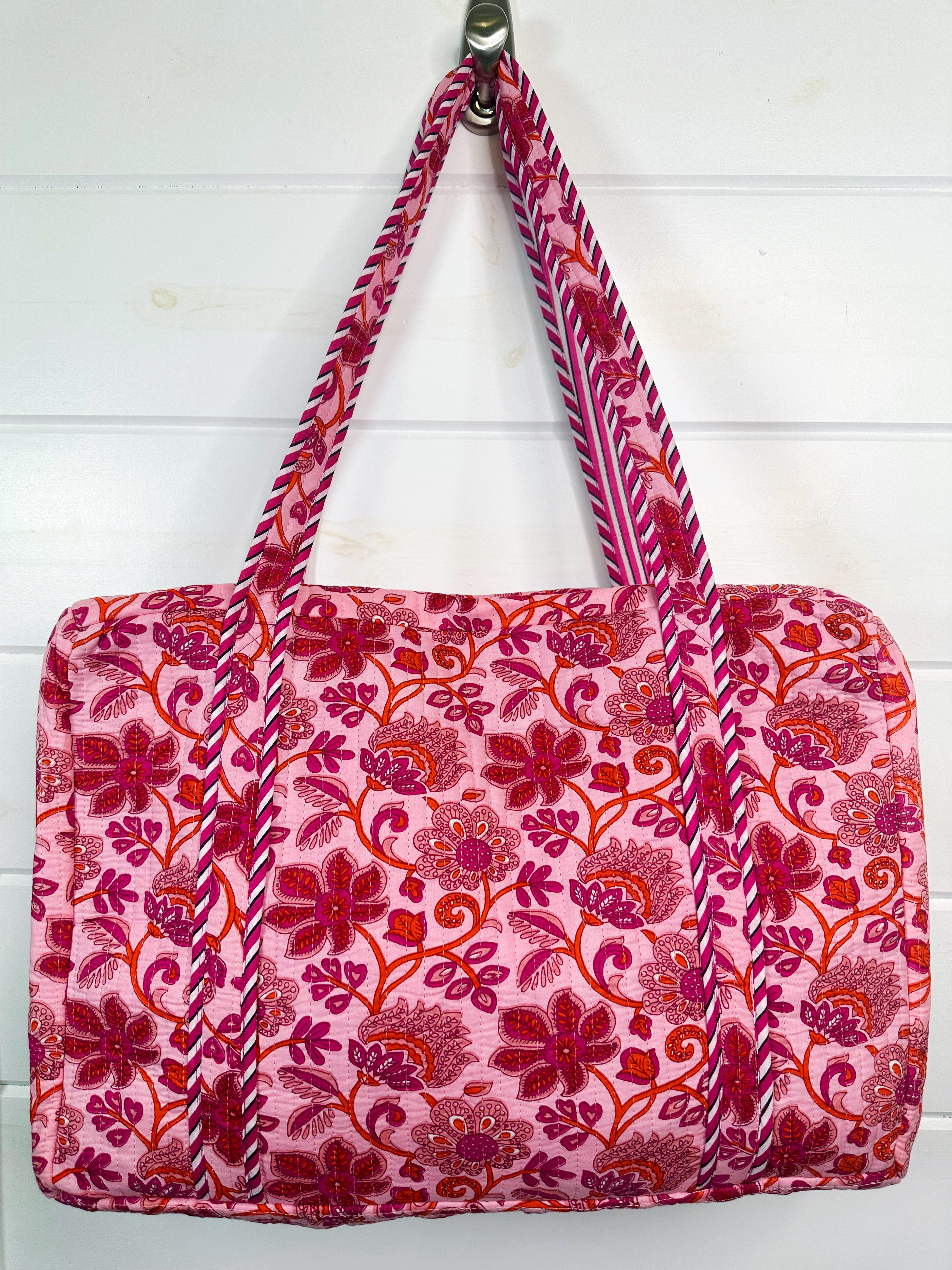 Pink and Orange Floral Quilted Weekender Overnight Bag