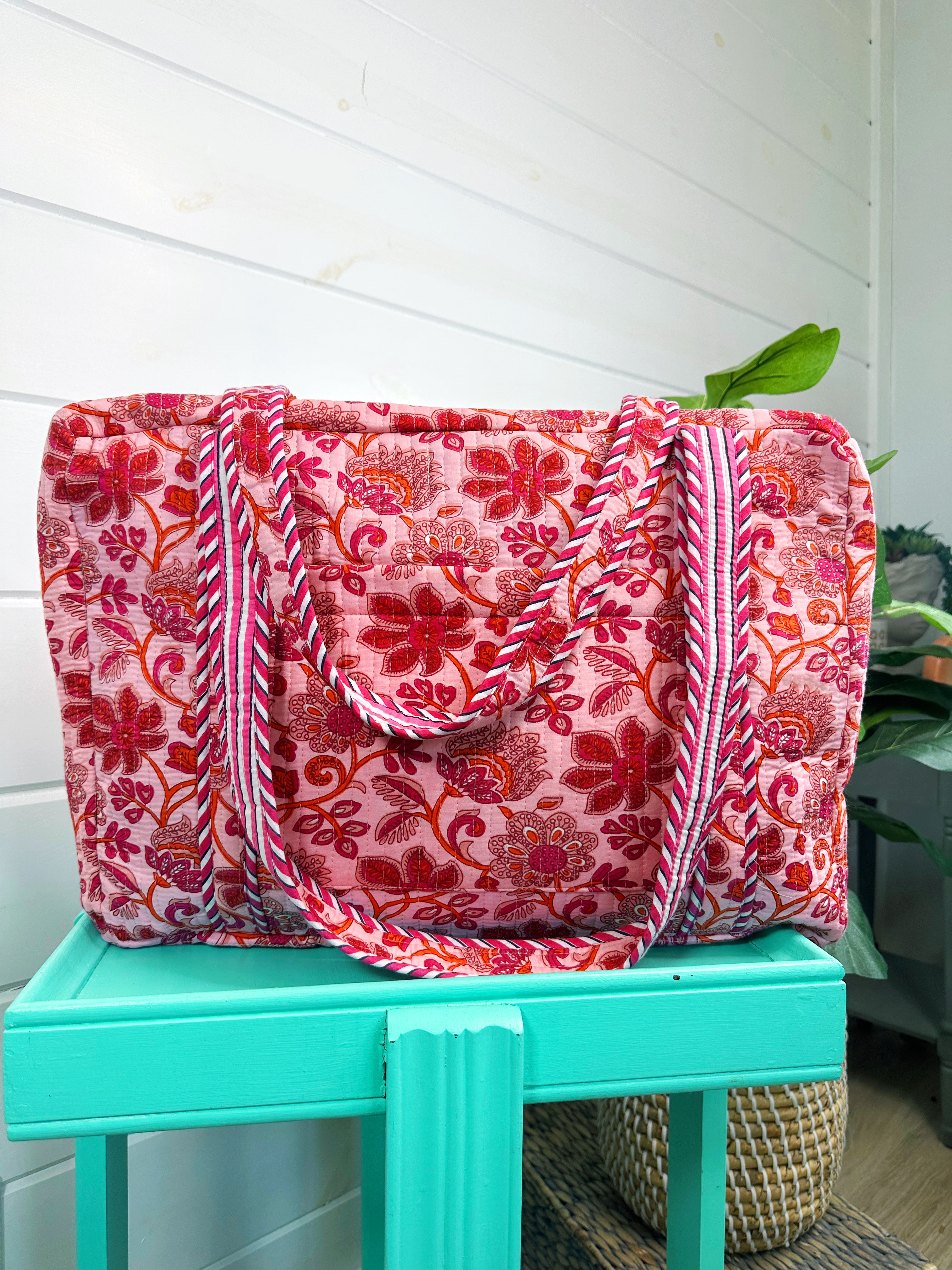 Pink and Orange Floral Quilted Weekender Overnight Bag