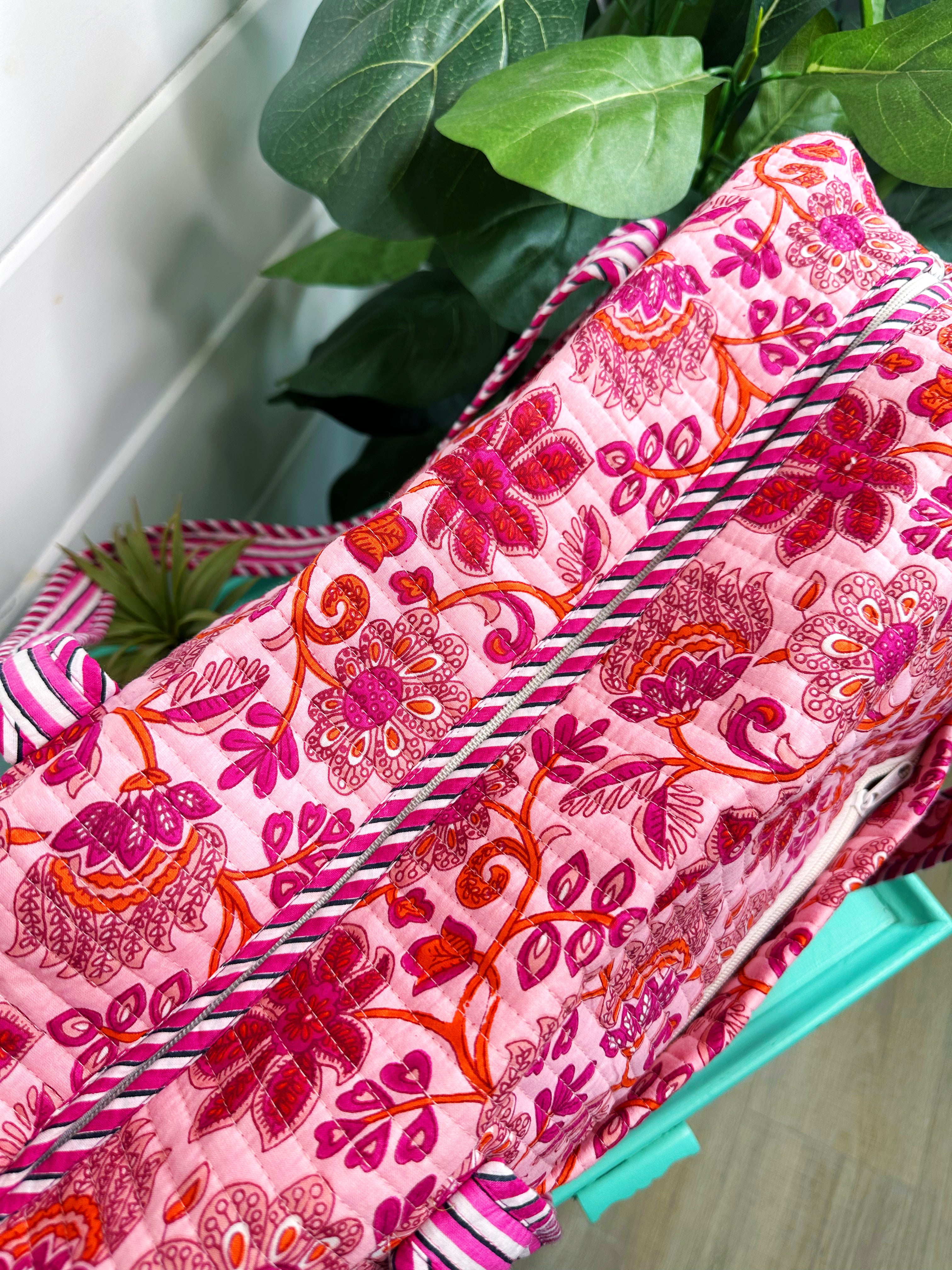 Pink and Orange Floral Quilted Weekender Overnight Bag
