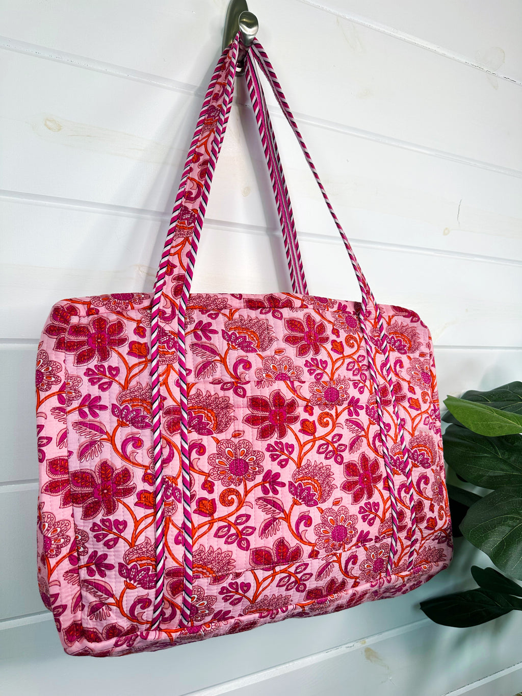 Pink and Orange Floral Quilted Weekender Overnight Bag