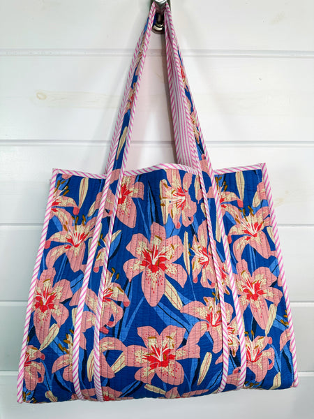 Royal Blue Pink Floral Quilted Cotton Tote Bag