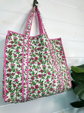 White Green Pink Floral Quilted Cotton Tote Bag