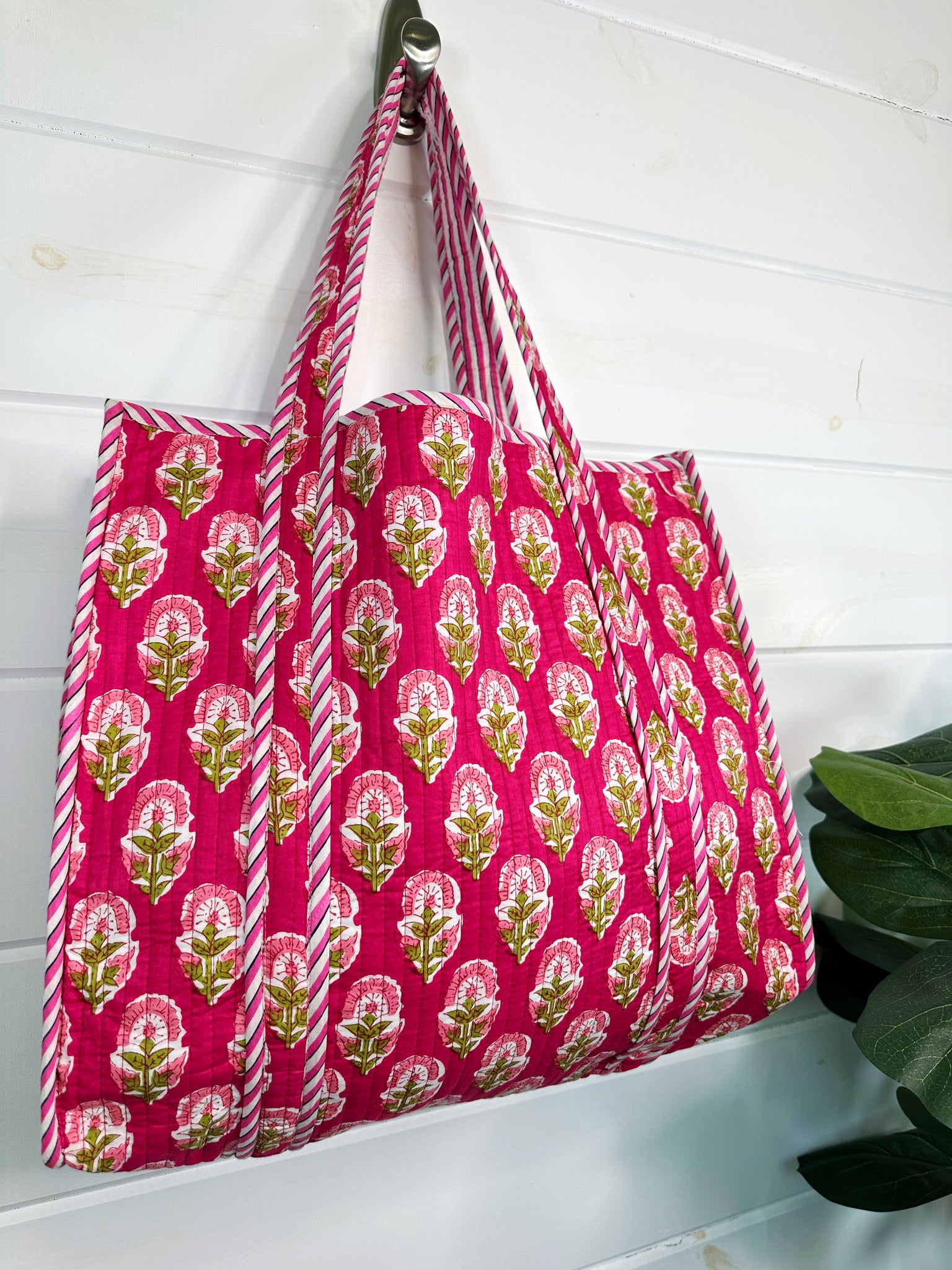 Dark Pink Floral Print Quilted Cotton Tote Bag