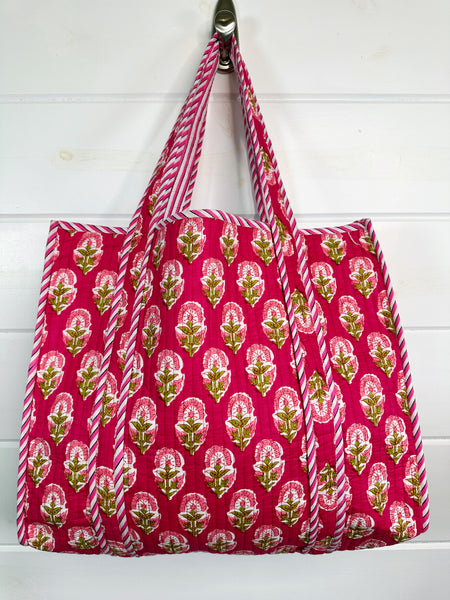 Dark Pink Floral Print Quilted Cotton Tote Bag