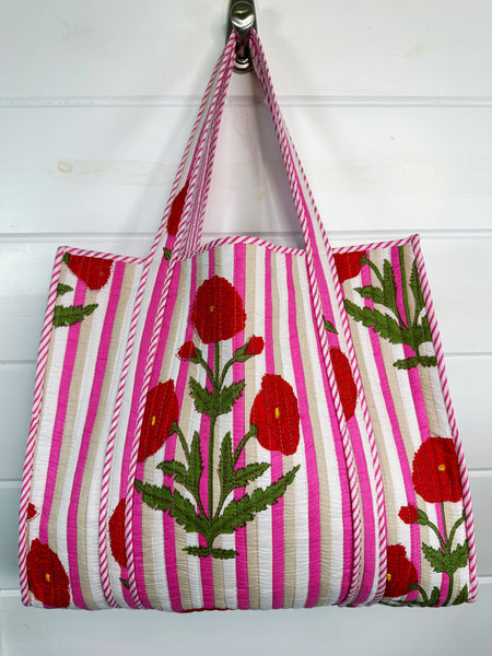 Stripes with Red Floral Quilted Cotton Tote Bag