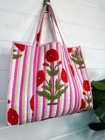 Stripes with Red Floral Quilted Cotton Tote Bag
