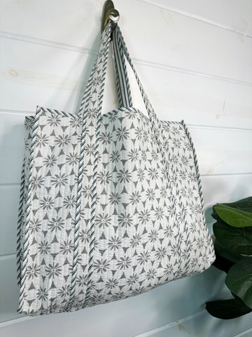 White and Gray Quilted Cotton Tote Bag