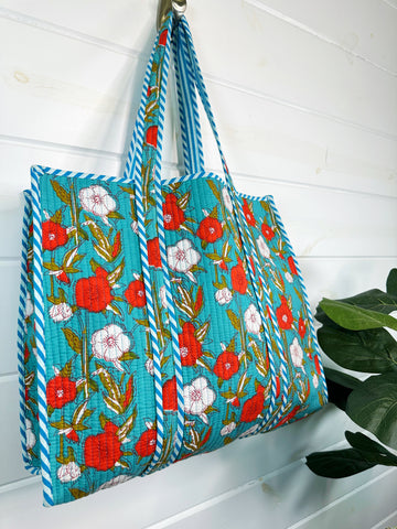 Teal Red Floral Print Quilted Cotton Tote Bag