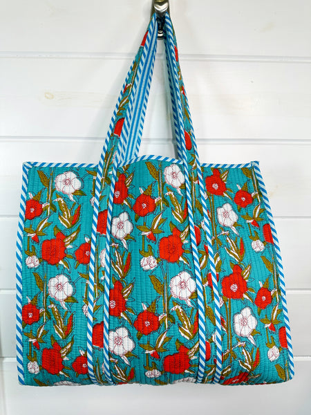 Teal Red Floral Print Quilted Cotton Tote Bag